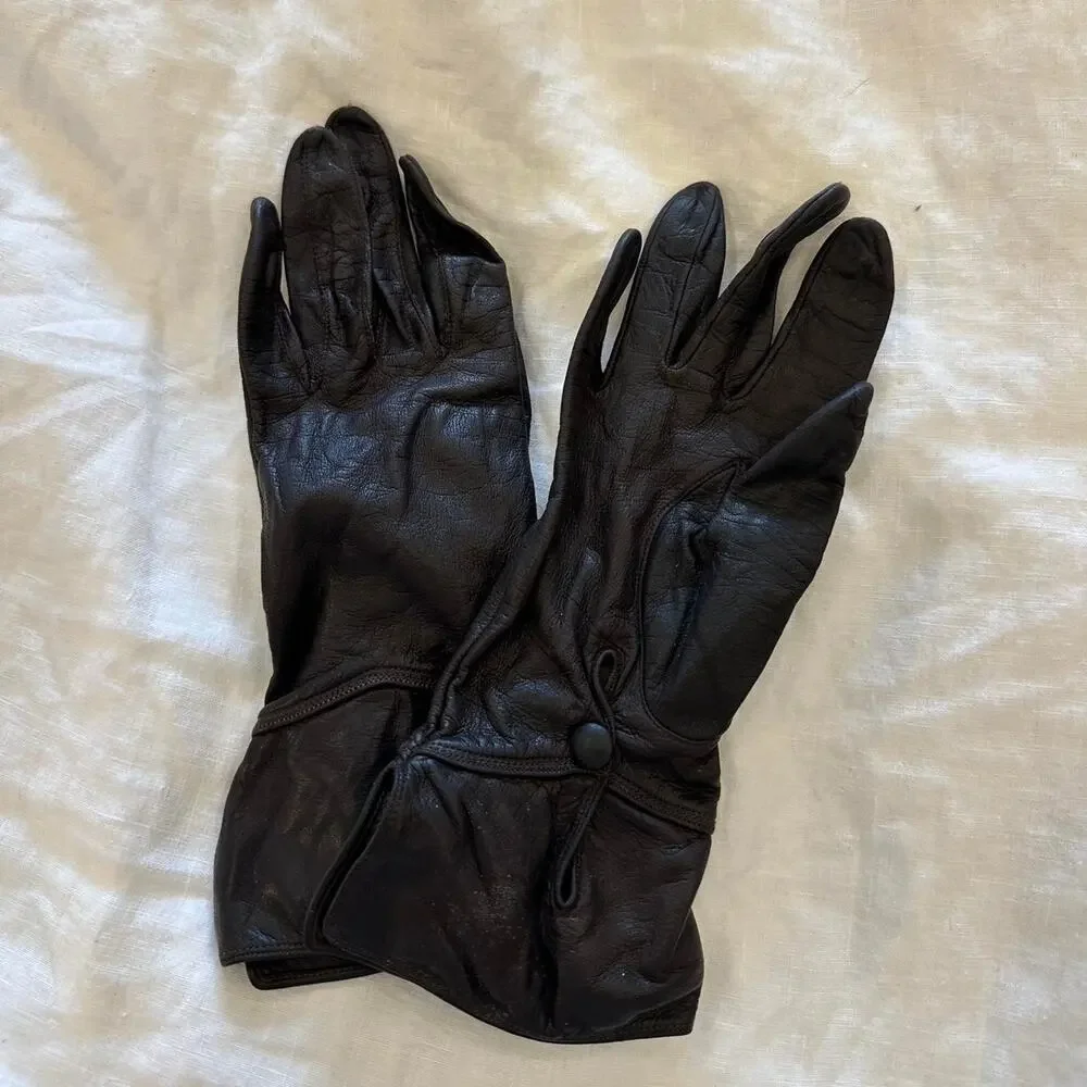 Vintage Dark Brown Leather Gloves Snap Cuff Detail